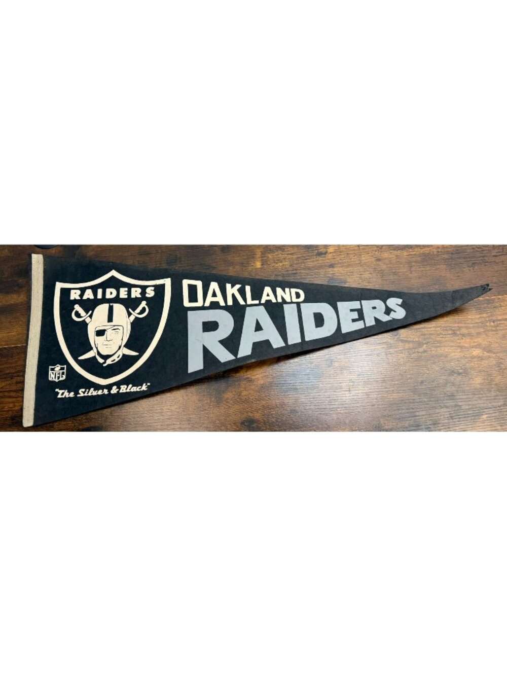 Vintage Oakland Raiders NFL Pennant With Logo & "The Silver & Black" Damaged